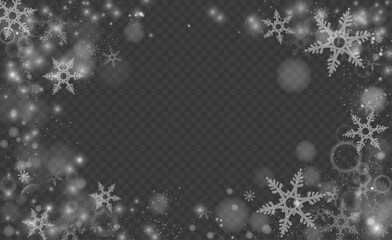 Falling snowflakes realistic background. Vector winter dust particles. Snowfall weather, ice crystals print design element. Abstract cold season theme copy space with snowdrops for holiday cards