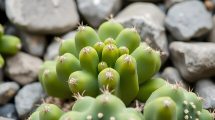 Green flat rounded cactus cladodes close up on a background of stones
