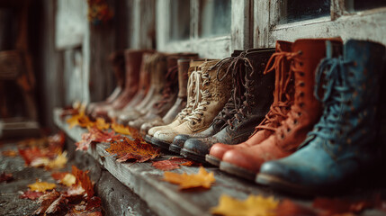 Row of worn leather boots in various colors is lined up on wooden porch surrounded by autumn leaves, evoking rustic and nostalgic feel