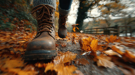 Walking through forest path, person in brown boots steps on fallen autumn leaves, creating cozy and adventurous atmosphere