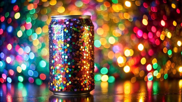 Sparkling soda can with colorful bokeh lights background