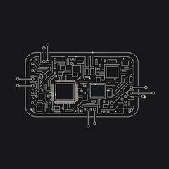 Circuit board illustration on black background, detailed technology design.