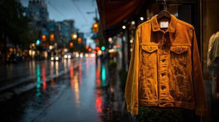 Corduroy jacket hangs under awning in rainy city evening, with reflections on wet pavement creating moody urban vibe