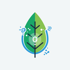 Illustration of a green leaf with blue accents representing nature and environment.