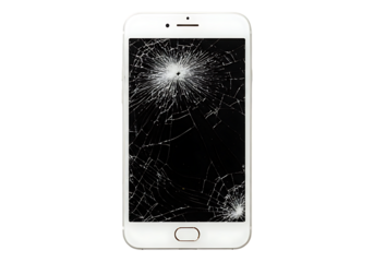 White smartphone with a severely cracked screen isolated on transparent background