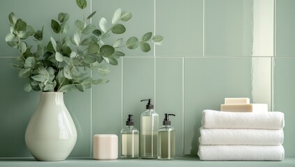 Serene bathroom scene with eucalyptus, soaps, and stacked towels against a green tile wall