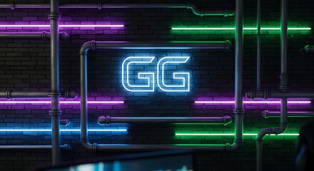 A blue neon 'GG' sign for 'Good Game' glows on a dark brick wall, surrounded by colorful purple and green neon light tubes.