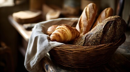 Artisanal Breads and Croissants in Rustic Wicker Basket on Wooden Surface