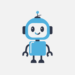 Illustration of a cute blue cartoon robot with a smiling face on a white background.