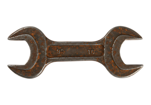 Rusty double open end wrench isolated on transparent background