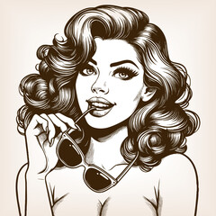 fashionable woman with curled hair playfully biting sunglasses, exuding charm and attitude sketch engraving generative ai fictional character vector illustration. Scratch board. Black and white image.