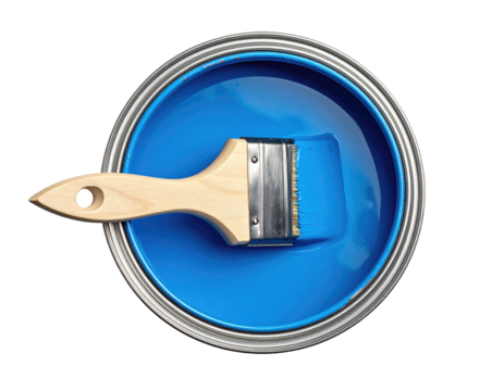 Overhead view of a can of blue paint with a paintbrush