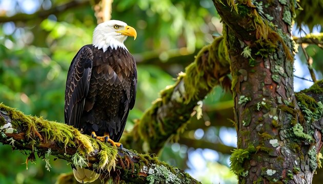 Bald eagle perched on mossy branch