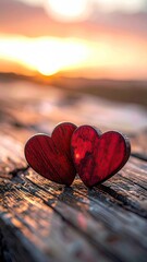 Two Red Hearts on Weathered Wood Surface at Warm Sunset Creating Romantic Atmosphere Valentines Day Concept Blurred Background