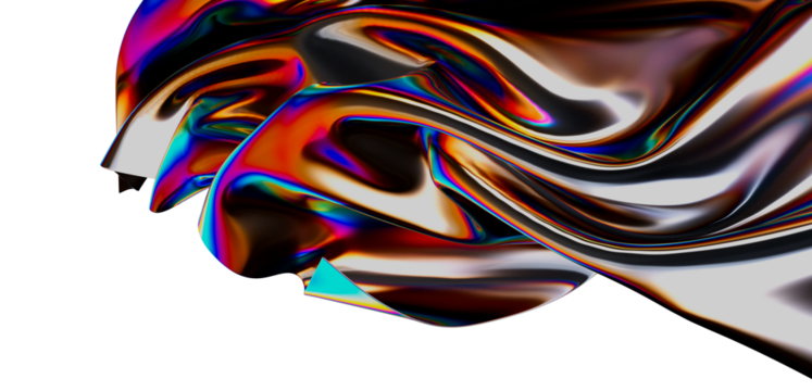 An abstract image featuring a flowing iridescent fabric with metallic textures and a vibrant color scheme.  The image has a modern and artistic