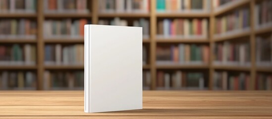 Elegant Book Mockup on Wooden Table with Bookshelves Background