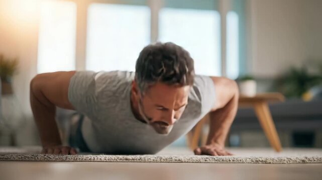 Powerful fit elder man do push-ups at home. Strong physique fitness and strength training. Effort and intensity of workout. Motivation and performance. Physical exercise, strength. Mature pensioner.