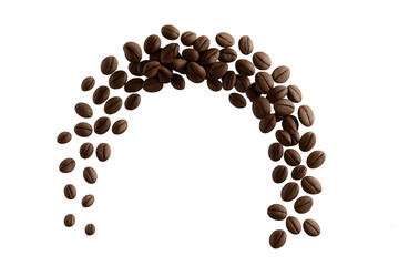 Roasted coffee beans forming an arc on transparent background