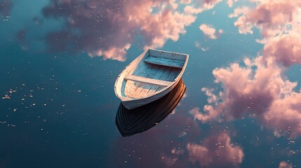 A serene, wooden rowboat floats on a still body of water, reflecting a pastel sky filled with clouds.