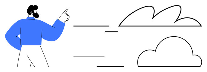 Person gesturing towards two cloud shapes connected by lines, symbolizing creativity, innovation, and technology. Ideal for teamwork, brainstorming, growth, IT solutions, connection networking