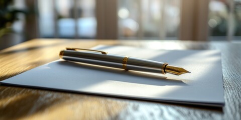 Fountain pen on a white paper sheet, on a wooden surface, sunlight from blurred background