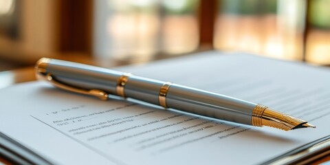 A silver and gold fountain pen rests atop a document, ready for signature. Soft focus