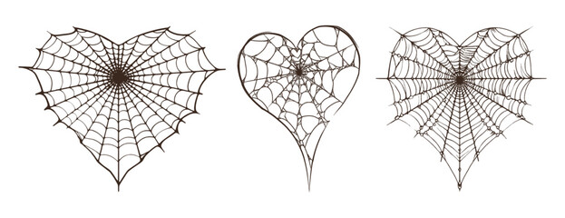 Vector set of heart shaped spider webs, gothic romantic design elements for Halloween, dark love concept, creepy valentines decoration and spooky tattoo inspiration © Alona