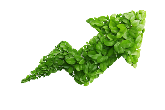 Vibrant green leaf arrow, shaped to point upward, symbolizes strong growth and positive progress in nature. An abstract ecology symbol represents an optimistic future for environment