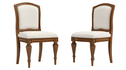 Fototapeta premium Elegant classic wooden upholstered dining chairs, luxurious furniture set for sophisticated interior home decor. Richly carved frames offer timeless beauty and comfort