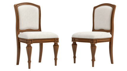 Elegant classic wooden upholstered dining chairs, luxurious furniture set for sophisticated interior home decor. Richly carved frames offer timeless beauty and comfort