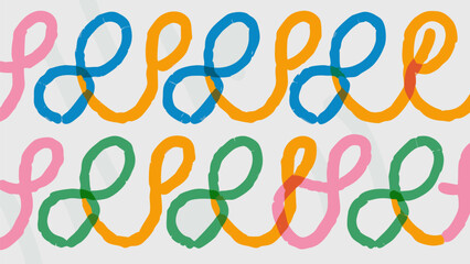 Repeating colorful squiggles arranged in two rows on a white background creating a playful pattern