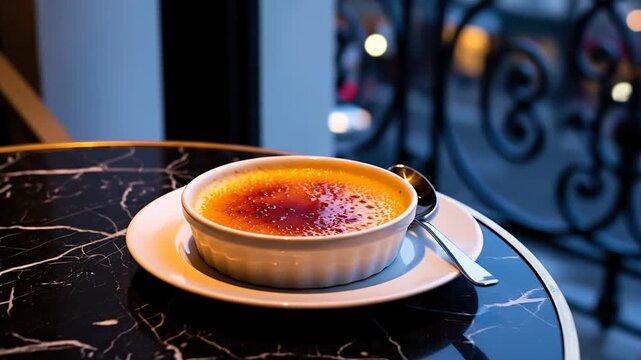 A classic French creme brulee with a caramelized sugar crust, served on a marble table in cafe with a city view
