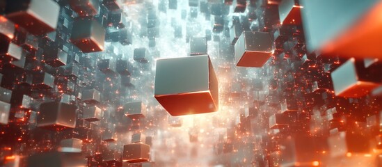 Cubes falling digital space; glowing background