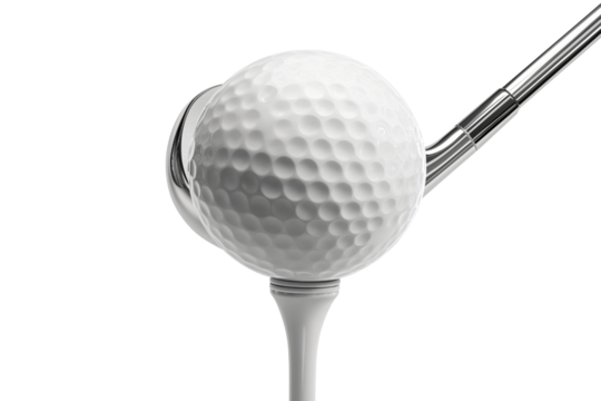 White golf ball rests on tee, poised for impact from golf club in an isolated studio setting, capturing intense anticipation of sport and game with essential equipment