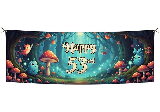 Happy 53rd Birthday Banner in Pixel Art Fantasy Forest, Glowing Mushrooms and Cute Woodland Creatures Illustration