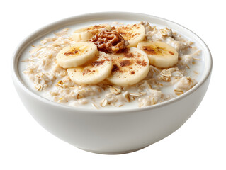 Satisfying bowl of warm oatmeal porridge with banana slices and walnuts offers healthy and delicious breakfast. Wholesome meal provides energy and comfort, perfect for nutritious start to