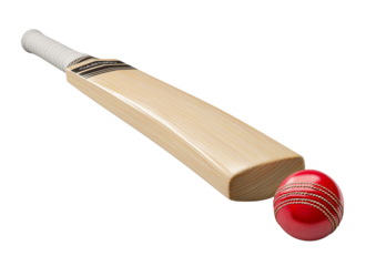Professional cricket bat and red ball await an exciting game. Classic sport equipment made of wooden materials provides fun and passion for every player eager to play