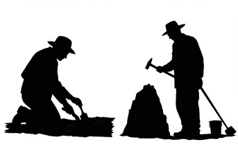 Silhouetted figures of two men diligently engaged in excavation work, symbolizing manual labor, historical discovery, archaeological exploration, or treasure hunting efforts