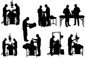 Silhouetted figures engaged in various tasks, suggesting a workshop or production line environment