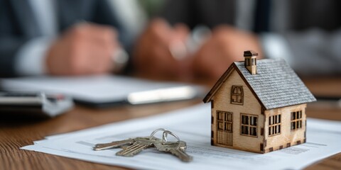 Miniature wooden house, keys, and paperwork on a table, blurred people in background