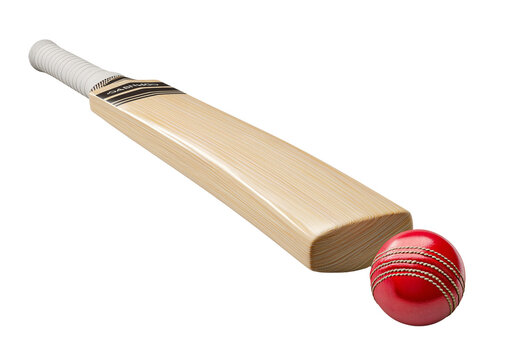 Professional cricket bat and red ball await an exciting game. Classic sport equipment made of wooden materials provides fun and passion for every player eager to play