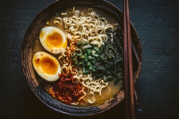 Bowl of ramen with soft boiled egg.