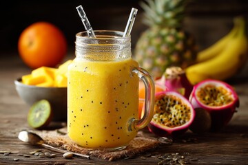 Tropical fruit smoothie in glass jar.