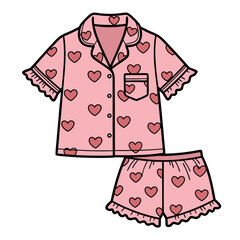Adorable pink short pajamas with charming heart patterns and ruffled details, ideal illustration for sleepwear