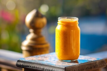 Tropical fruit smoothie in glass jar.
