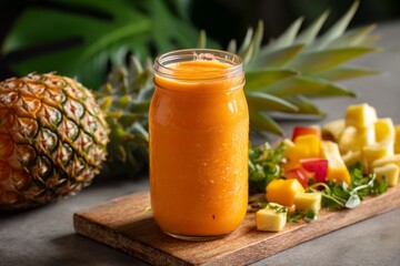 Tropical fruit smoothie in glass jar.