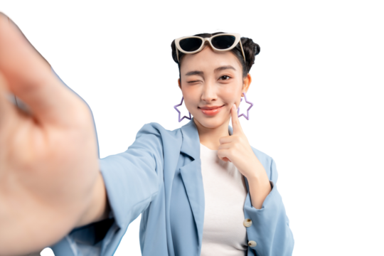 Young Asian woman  winking and taking a selfie with sunglasses. A modern woman self-portraits on PNG