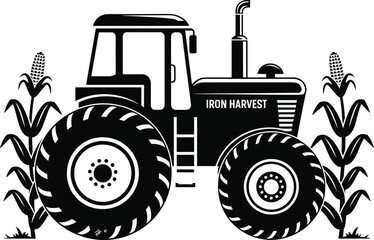 Black silhouette of a tractor with corn stalks and the text Iron Harvest Keywords: tractor, farm