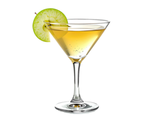 A golden cocktail, garnished with apple slice