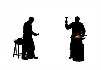 Silhouetted Blacksmiths at Work Crafting Metal with Hammer and Anvil
